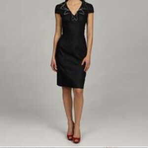 London Times Blue Stretchy Size 4 Ruffle VNeck Empire Waist Midi Dress Like New